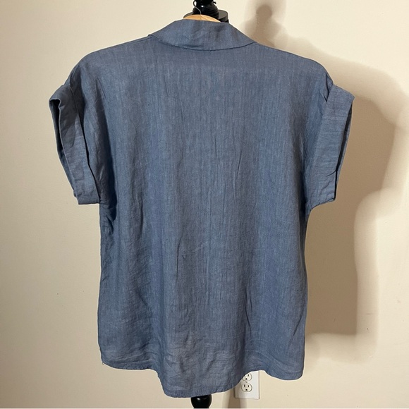 Made In Italy Women’s Denim Blue Short Sleeve Knot Hem Button Down Linen Shirt L - Picture 5 of 9